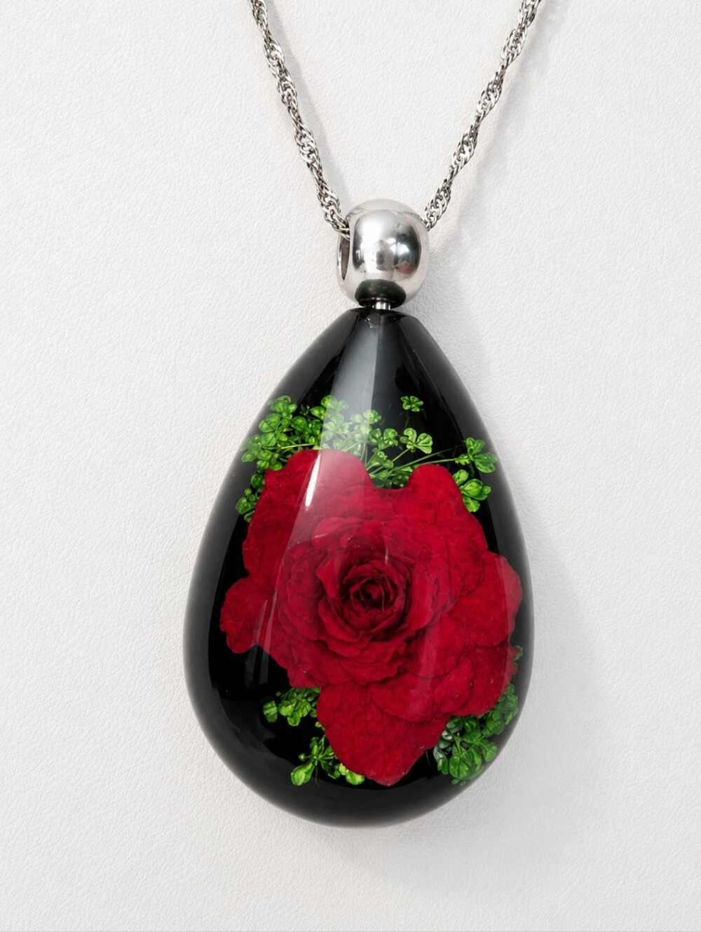 Handmade Red Floral Teardrop Resin Necklace with Silver Chain Size 16.25"